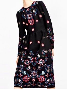 Zara Black Long-Sleeve Embroidered Floral Midi Dress